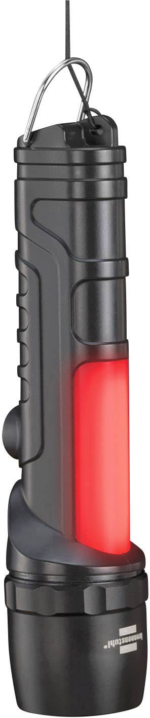 Eine schwarze Taschenlampe mit rotem Lichterstreifen, aufgehängt an einem dünnen Draht.