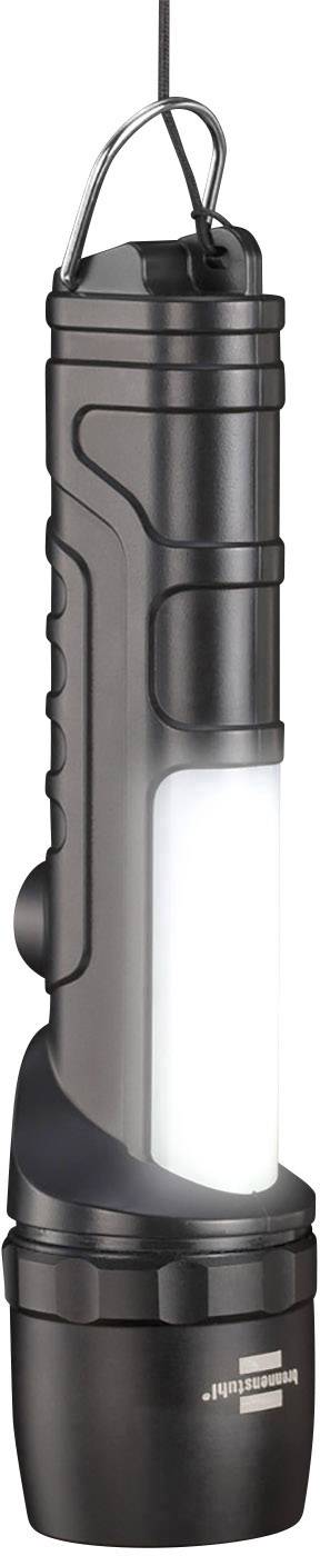 Schwarze Taschenlampe, stehend mit langem Griff, seitlicher weißer Leuchtstreifen. Perfekt für Outdoor-Aktivitäten oder Notfälle.