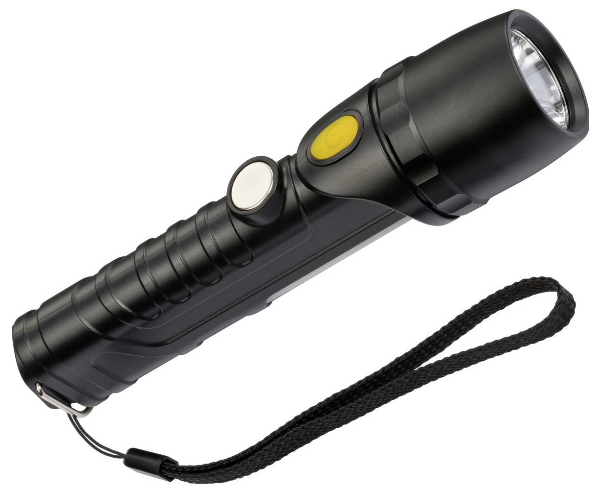 Schwarze tragbare Taschenlampe mit Handgelenkriemen und zwei Seitentasten auf weißem Hintergrund.