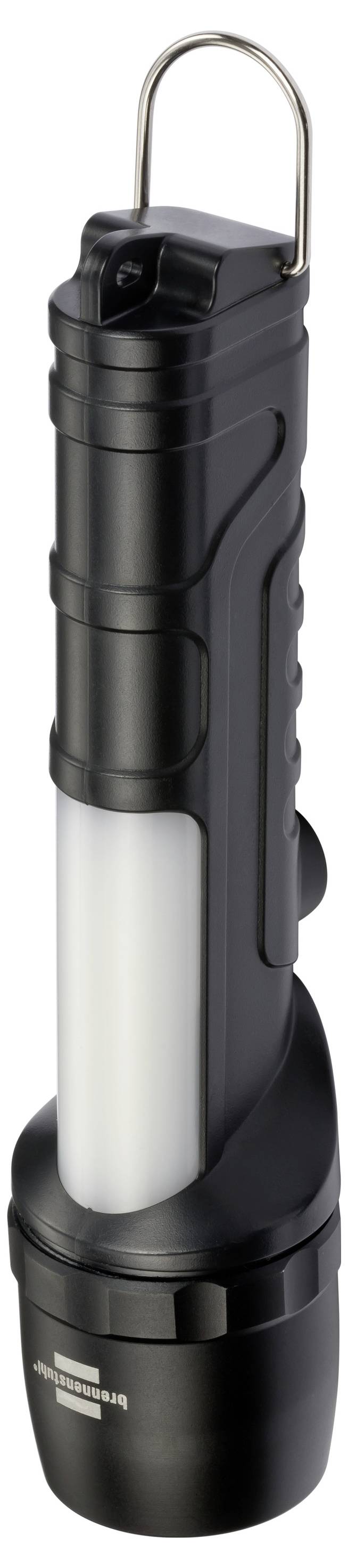 Schwarz-silberne aufladbare Taschenlampe, die aufrecht in einer Ladestation steht, vor weißem Hintergrund abgebildet.