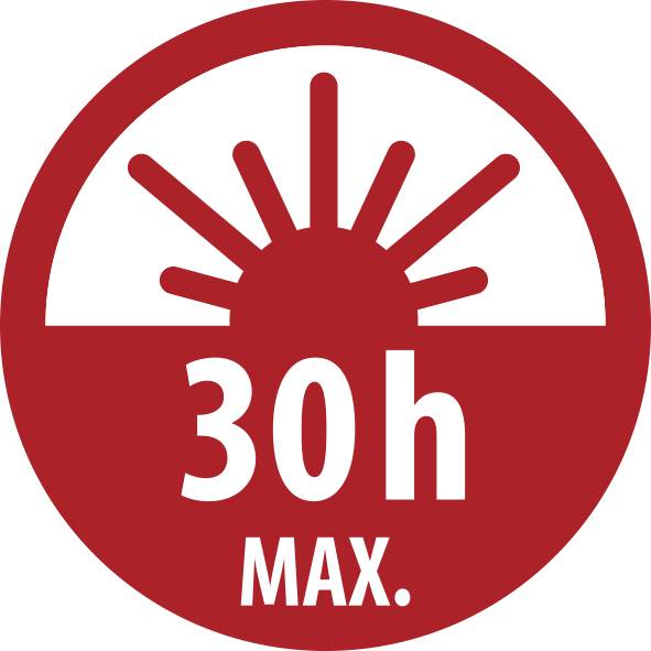Rotes rundes Schild mit einem Sonnensymbol und dem Text '30h MAX.'