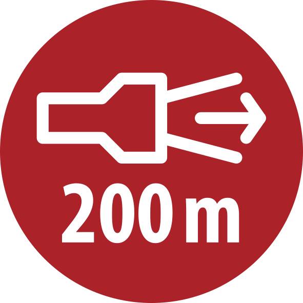 Rotes rundes Verkehrsschild mit weißem Richtungspfeil und Entfernungsangabe '200 m'.