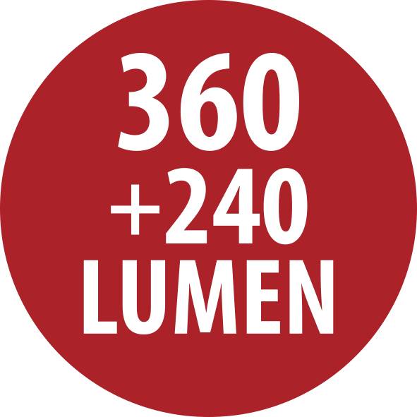 Rotes rundes Abzeichen mit weißem Text „360 +240 LUMEN", das die Lichtstärke anzeigt.