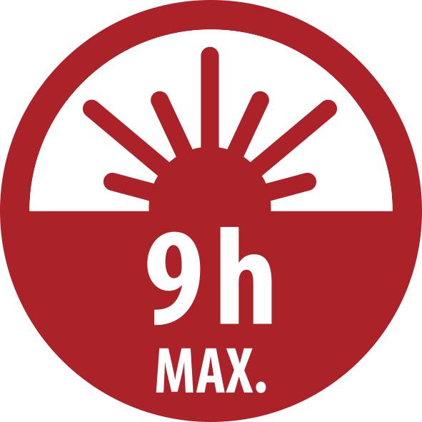 Rotes kreisförmiges Sicherheitsetikett mit einem Strahlensymbol und dem Text „9h MAX." zur Angabe einer maximalen Expositionsdauer von 9 Stunden.