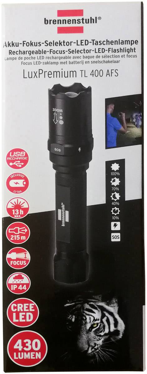 Die Verpackung einer brennenstuhl LuxPremium TL 400 AFS Taschenlampe zeigt das Produktbild, Angaben zu LED, 430 Lumen, 13h Leuchtdauer und SOS-Funktion.