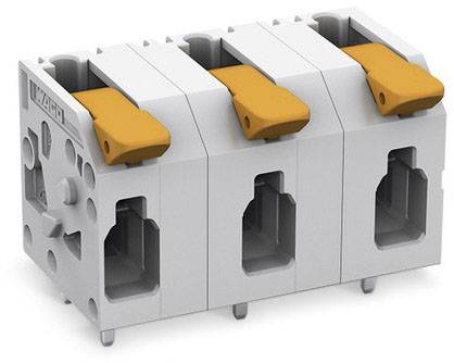 Drei orange Hebelklemmen auf einem grauen Klemmenblock, geeignet für elektrische Verbindungen, zeigen verschiedene Öffnungswinkel.