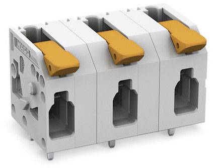 Grauer elektrischer Steckverbinder mit drei orangenen Hebeln, geeignet zum sicheren Verbinden von elektrischen Leitungen.