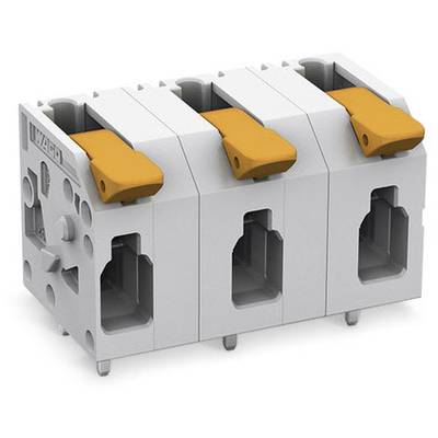 Grauer elektrischer Steckverbinder mit drei orangenen Hebeln, geeignet zum sicheren Verbinden von elektrischen Leitungen.
