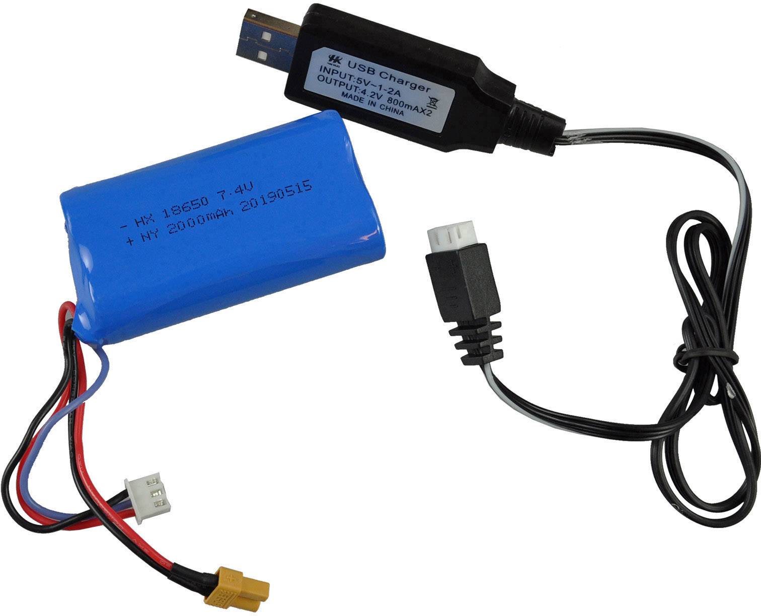 Blauer Lithium-Ionen-Akku mit Kabelanschlüssen und schwarzem USB-Ladekabel.