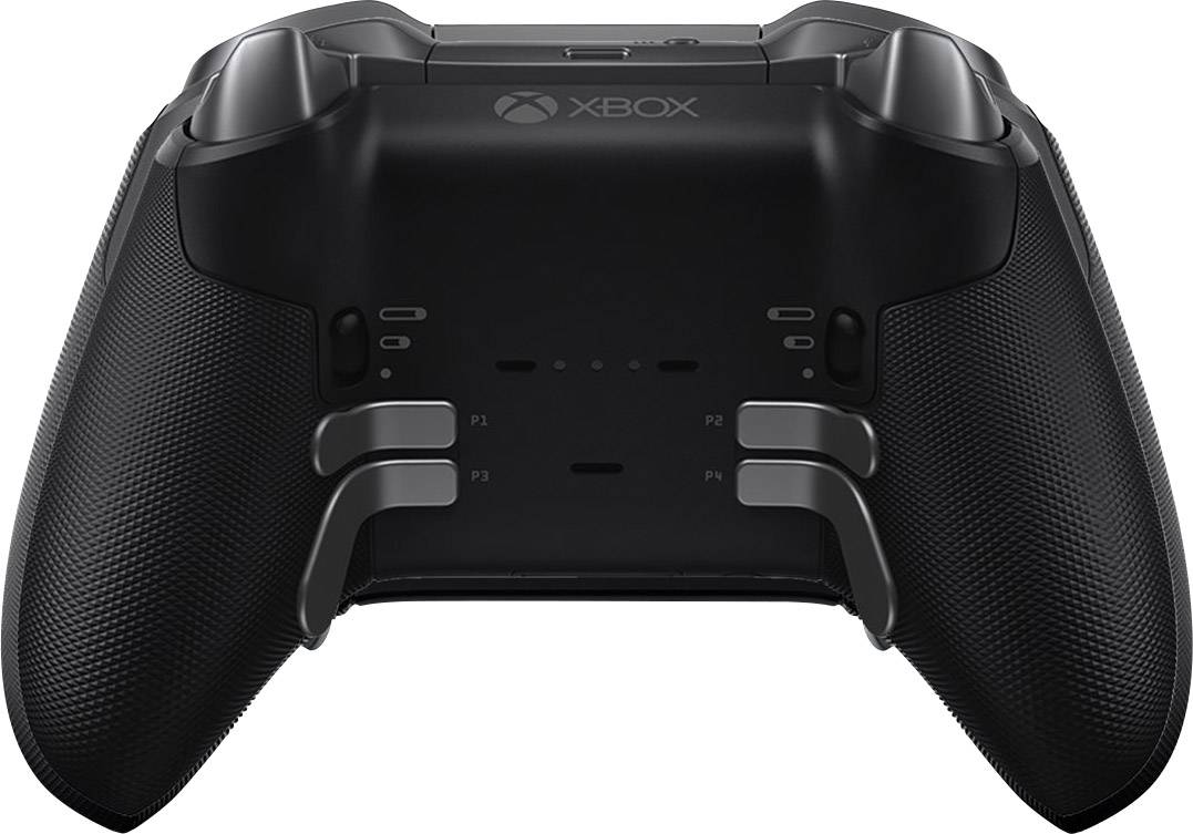 Ein schwarzer Gaming-Controller, Rückansicht, zeigt Tasten und Griffstruktur. Der Controller wird möglicherweise für Videospiele verwendet.