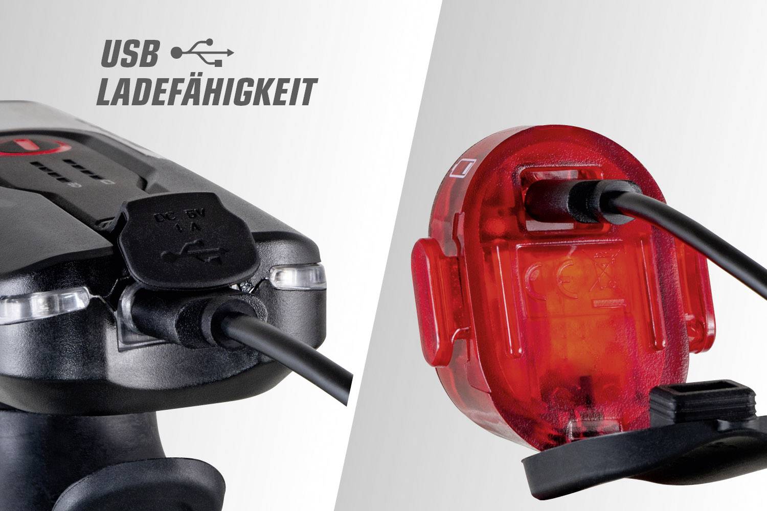 Ein schwarzes und ein rotes elektrisches Gerät werden mit USB-Kabeln geladen. Text 'USB Ladefähigkeit' oben links.