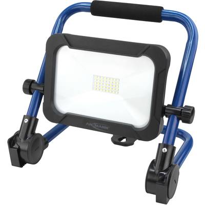 Ein tragbarer LED-Baustrahler auf blauem Stativ, geeignet für den Einsatz auf Baustellen oder in Werkstätten.