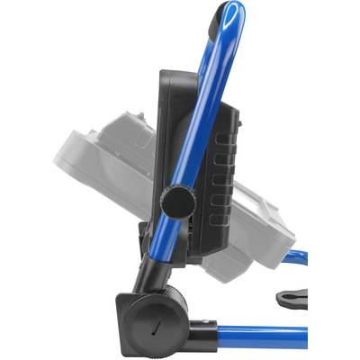 Ein tragbarer Arbeitsstrahler mit einem blauen Tragegriff in seitlicher Ansicht. Der Strahler ist teilweise zusammengeklappt.
