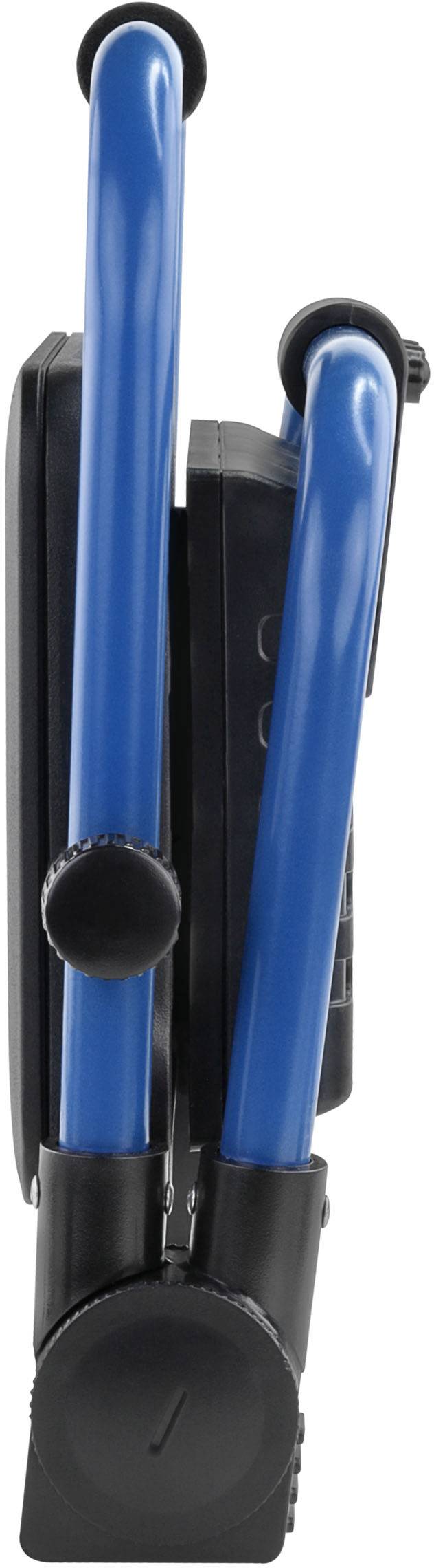 'Zusammenklappbares Gerät mit blauen Griffen und schwarzen Elementen, dargestellt von der Seite. Kompakt für einfache Lagerung.'