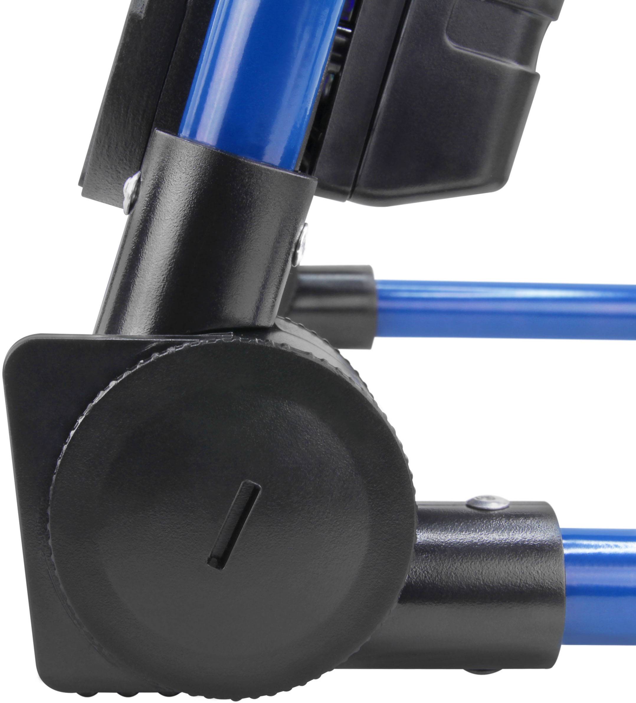 'Detaillierte Nahaufnahme eines schwarzen und blauen mechanischen Teils, möglicherweise von einem Klappstuhl oder einem ähnlichen Gerät.'