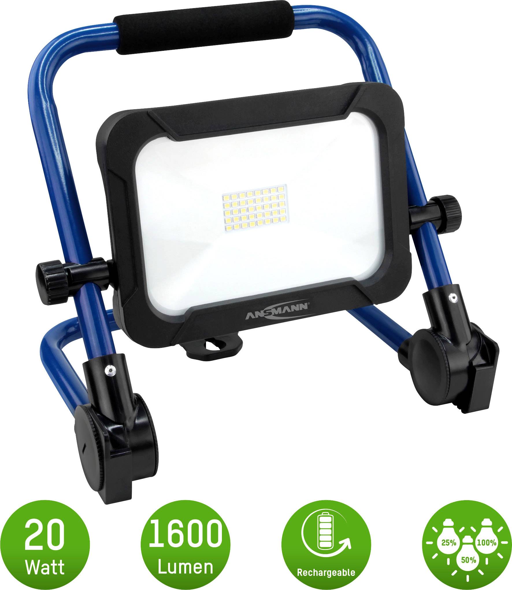 Ein blauer, tragbarer LED-Strahler auf einem robusten Ständer. Er hat eine Leistung von 20 Watt, 1600 Lumen, ist aufladbar.
