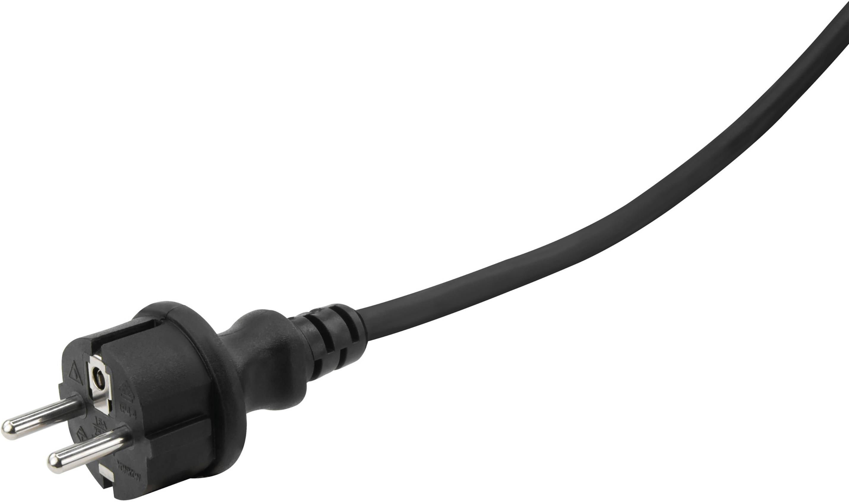 Ein schwarzer Schukostecker mit zwei Metallstiften liegt auf einem weißen Hintergrund.
