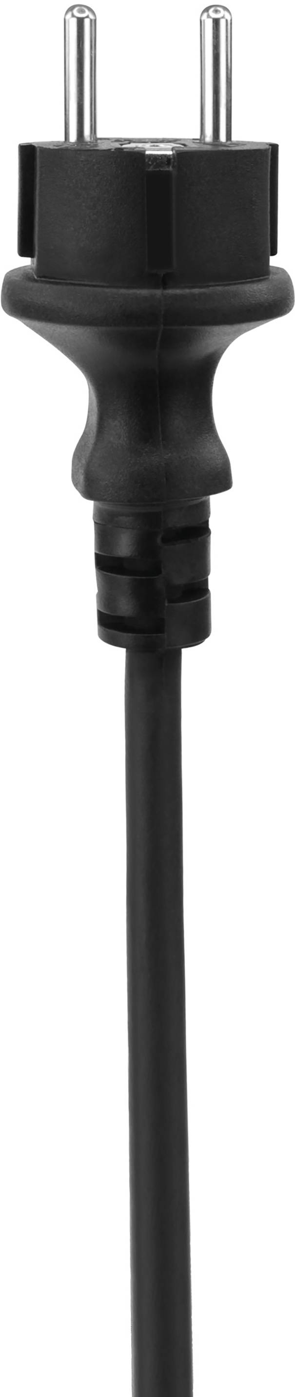 Ein schwarzer, zweipoliger Stromstecker mit Kabel, vertikal ausgerichtet. Typische europäische Bauform für elektrische Geräte.