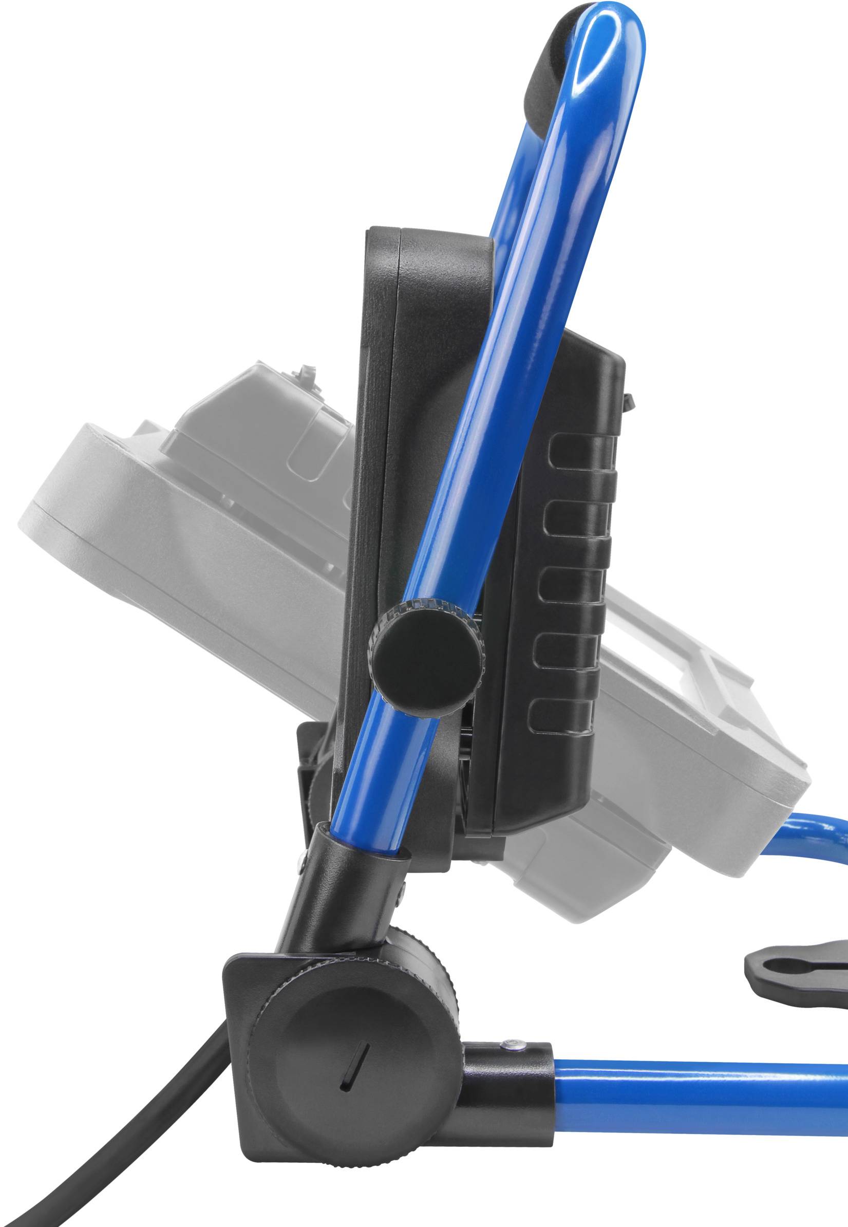 Blauer, tragbarer LED-Arbeitsstrahler mit verstellbarem Ständer, seitlich dargestellt; betont Handgriff und Flexibilität.