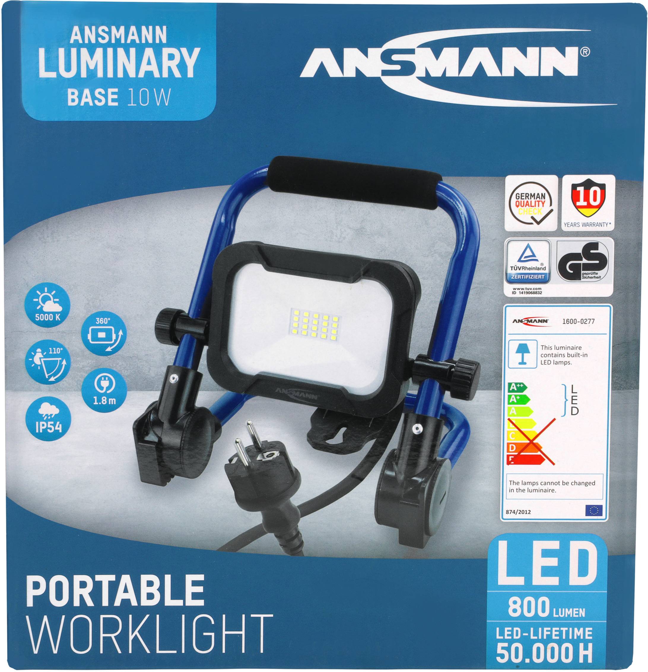 'Ansmann Luminary Base 10W' tragbare LED-Arbeitsleuchte, 800 Lumen, 50.000 Stunden Lebensdauer, IP54, ideal für Baustellen.