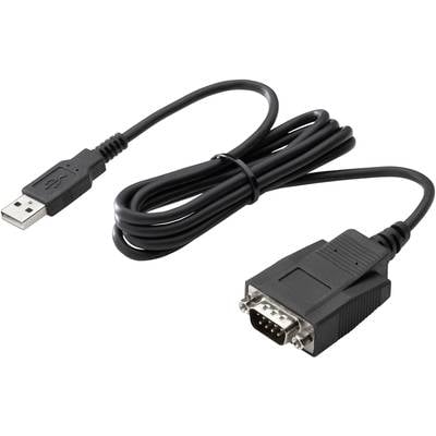 'Schwarzes Kabel mit USB-Anschluss auf der einen Seite und einem 9-poligen seriellen Stecker auf der anderen Seite.'