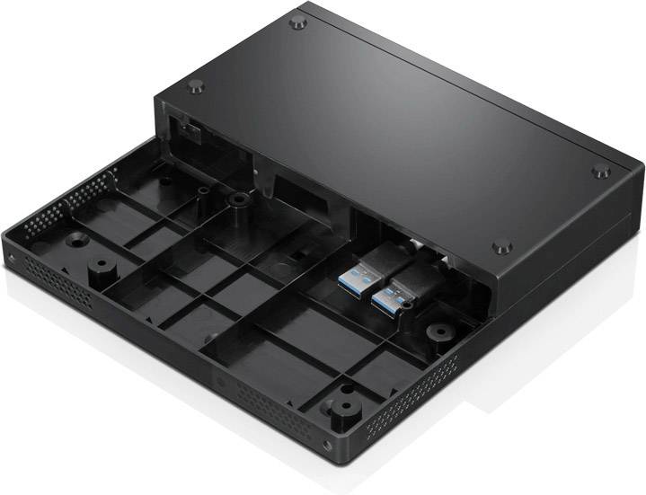 Ein geöffnetes externes Laufwerksgehäuse zeigt USB-Anschlüsse und leere Aufnahmeschächte für Festplatten.