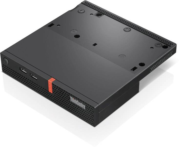 Ein schwarzer, kompakter Computer mit dem Lenovo-Logo und mehreren Anschlussmöglichkeiten, geeignet für platzsparende Arbeitsplätze.
