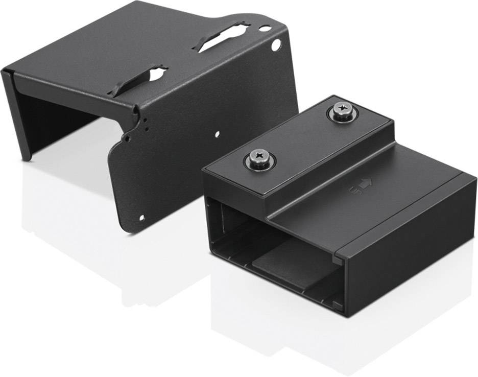 Schwarze Wandhalterung aus Metall mit Schlitzen und Schrauben, zur Befestigung von Geräten an der Wand.