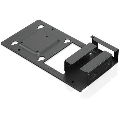 Eine schwarze Montagehalterung für technische Geräte mit mehreren Befestigungspunkten und Aussparungen zur vielseitigen Anwendung.