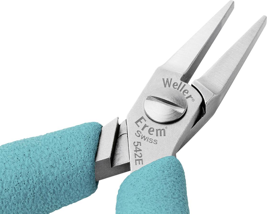 Eine Zange mit blauen Griffen und der Aufschrift 'Erem Swiss 542E' auf dem Metallteil. Sie wird genutzt für präzise Arbeiten.
