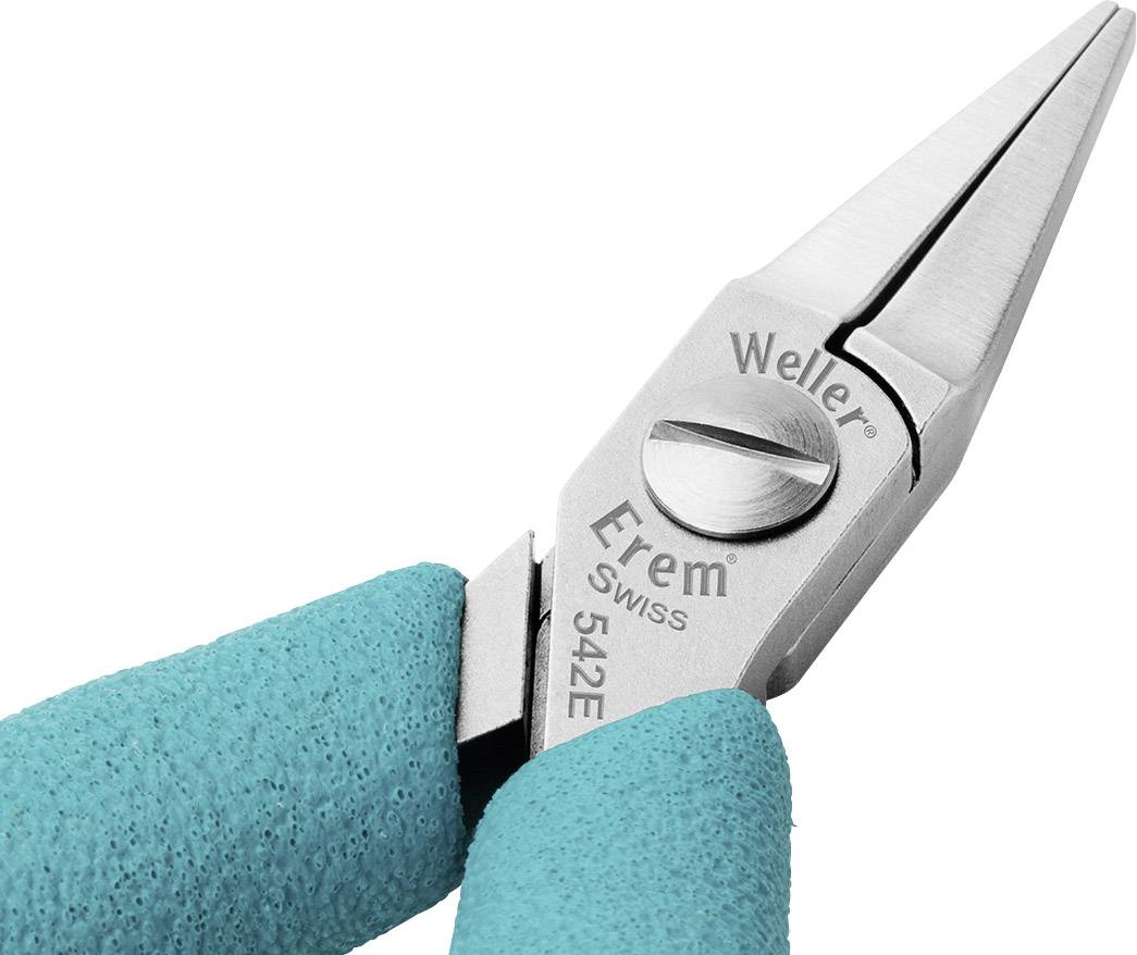 Eine Flachzange mit türkisfarbenen Griffen und der Aufschrift 'Weller Erem Swiss 542E'.
