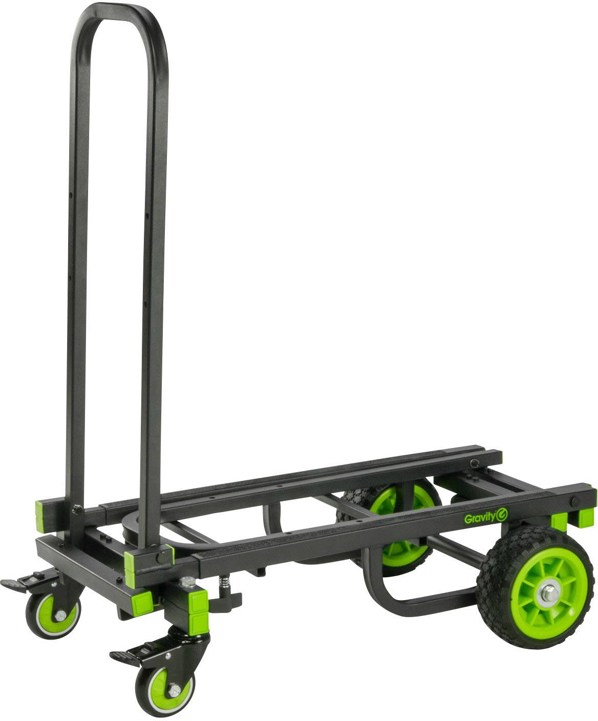 Ein schwarzer Transportwagen mit grünen Rädern und klappbarem Handgriff, geeignet für den Transport von Lasten auf unterschiedlichen Bodenbelägen.