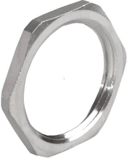 Metallische Sechskantmutter, silbern, mit glatter Oberfläche. Verwendet zur Befestigung und Sicherung von Schraubverbindungen.