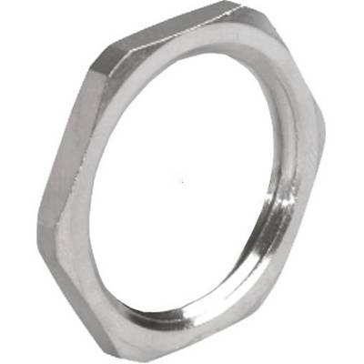 Eine silberne Mutter mit sechseckiger Form.