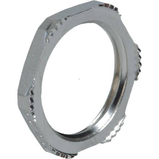 Metallische sechseckige Mutter, silber glänzend, mit gezacktem Rand. Geeignet zum Befestigen von Gegenständen an Schraubverbindungen.