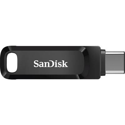Ein schwarzer USB-Stick der Marke SanDisk mit USB-C-Anschluss, auf der Seite liegend.