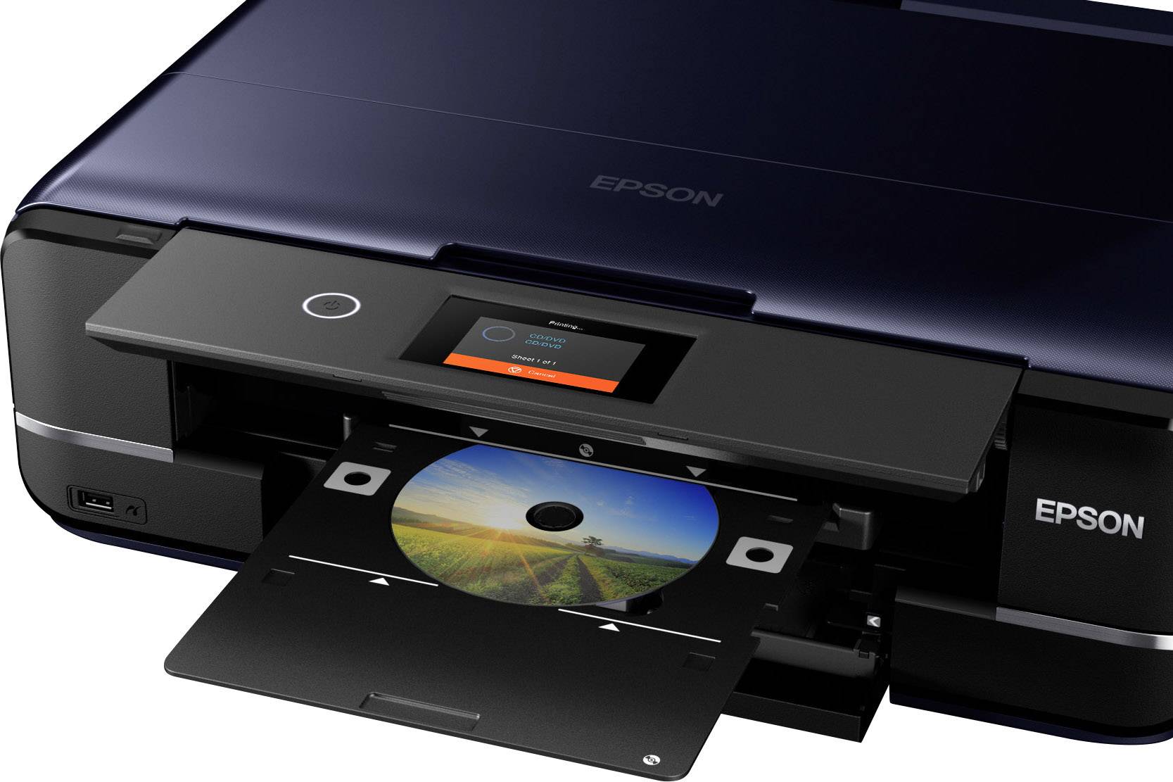 Ein Epson-Drucker druckt ein buntes Bild auf eine CD. Das Display zeigt den Druckstatus an.