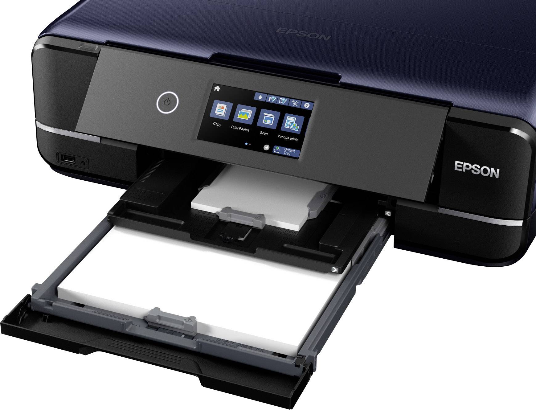 Ein schwarzer Epson-Drucker mit Touchscreen-Display, zentral im Bild, zeigt verschiedene Druckoptionen. Papierfach ist offen.