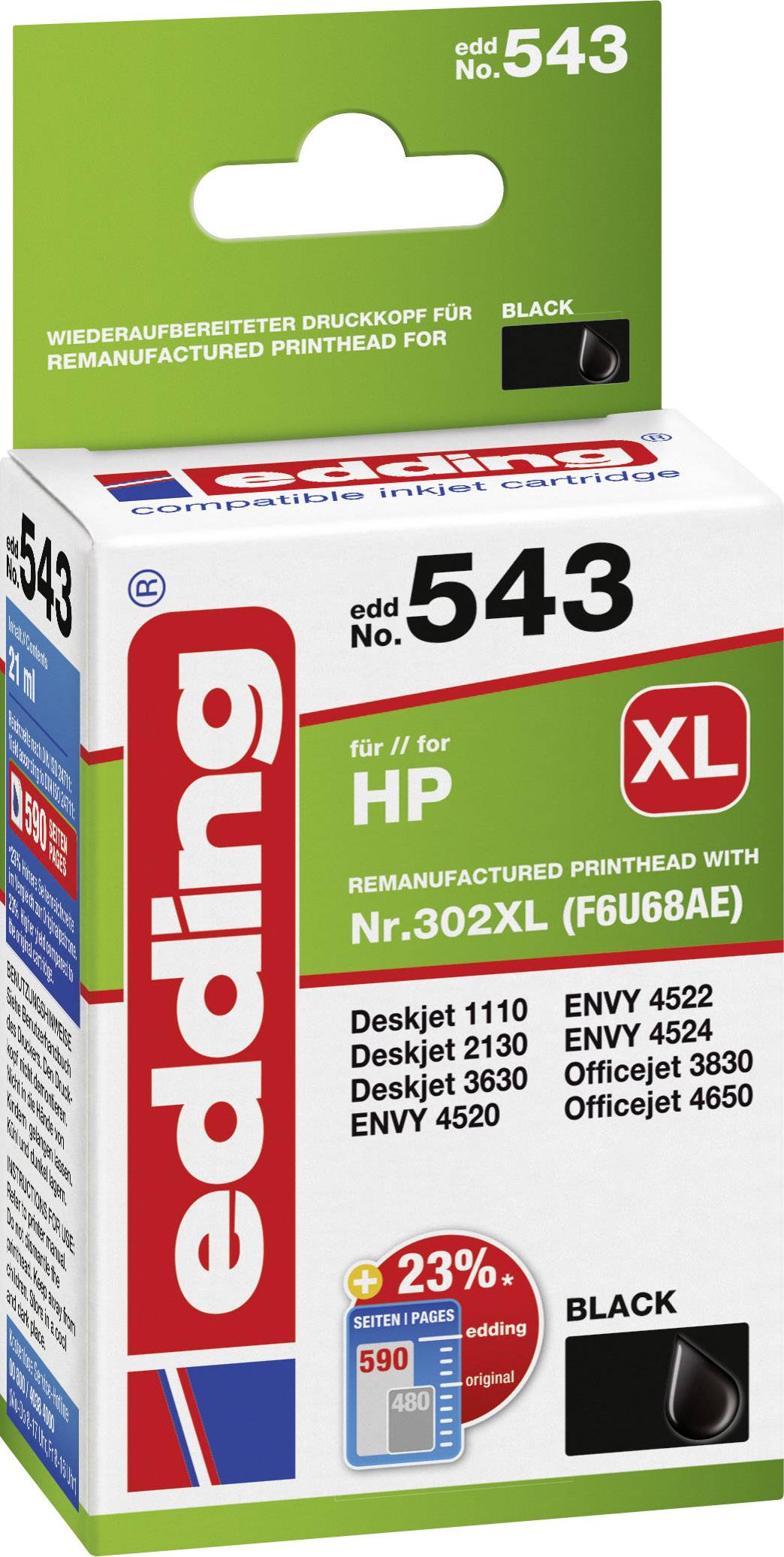 Patrone von edding, Modell Nr. 543, kompatibel mit HP-Druckern wie Deskjet 1110 und Envy 4522. Enthält 23 % mehr Tinte als Standard.