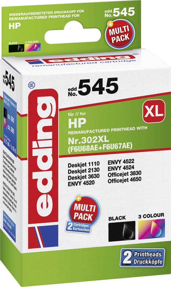 Edding Druckerpatrone Kombi-Pack 18-545 Kompatibel ersetzt HP 302XL, F6U68AE, F6U67AE Schwarz, Color 18-545