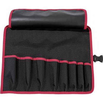 Leere schwarze Werkzeugtasche mit roten Kanten, flach ausgerollt, zeigt sieben Taschen für Werkzeuge, ohne Inhalt.