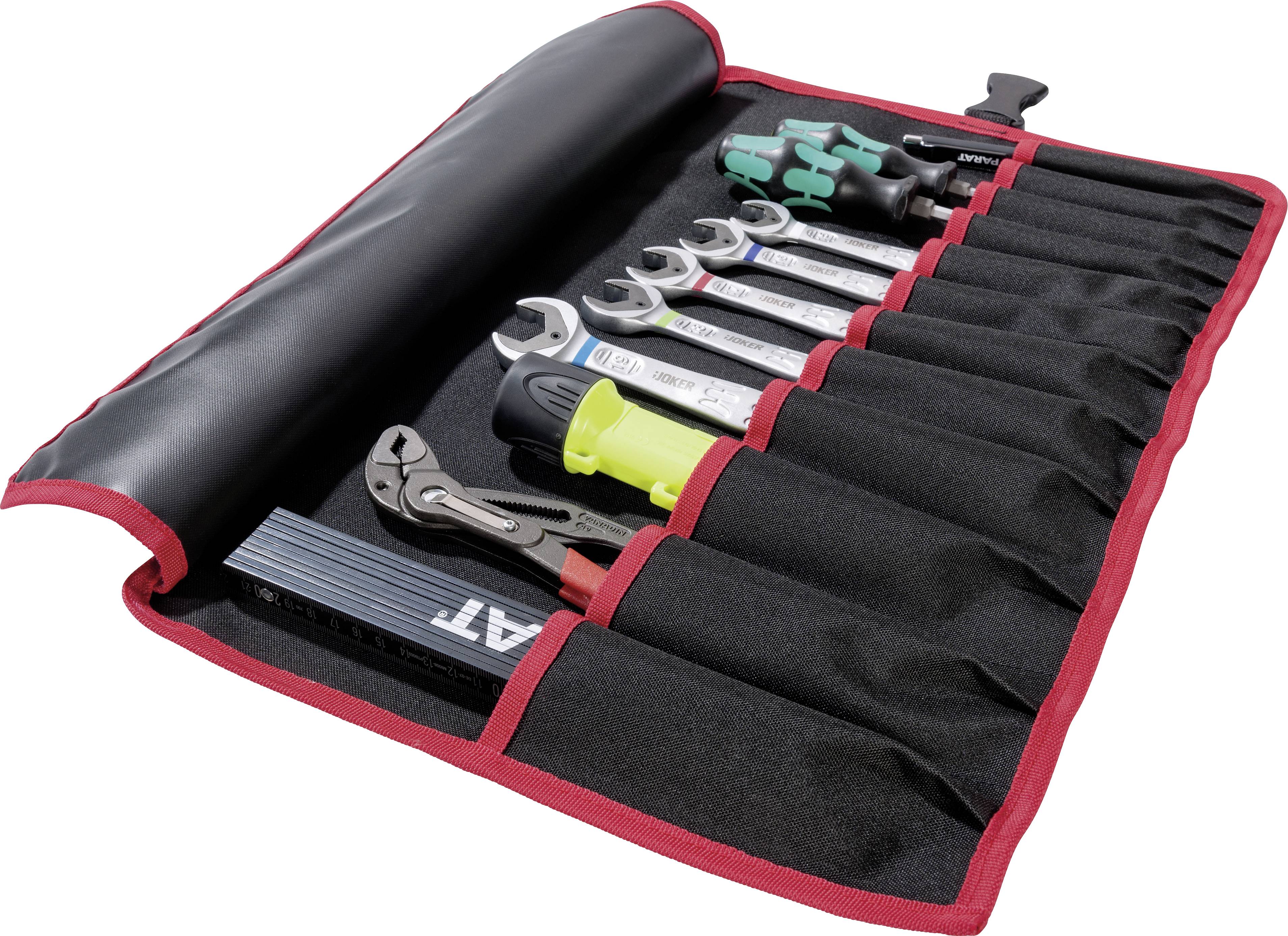 Ein offenes Werkzeugset mit Schraubenschlüsseln, Schraubendrehern und einer Zange in einer schwarzen Tasche mit roten Rändern.