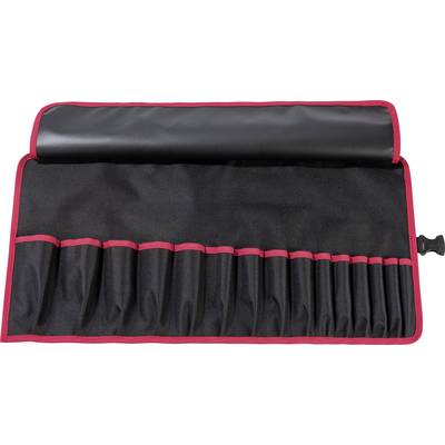 Eine schwarze Werkzeugtasche mit roten Akzenten und mehreren Fächern zur Aufbewahrung von Werkzeugen, teilweise gerollt.
