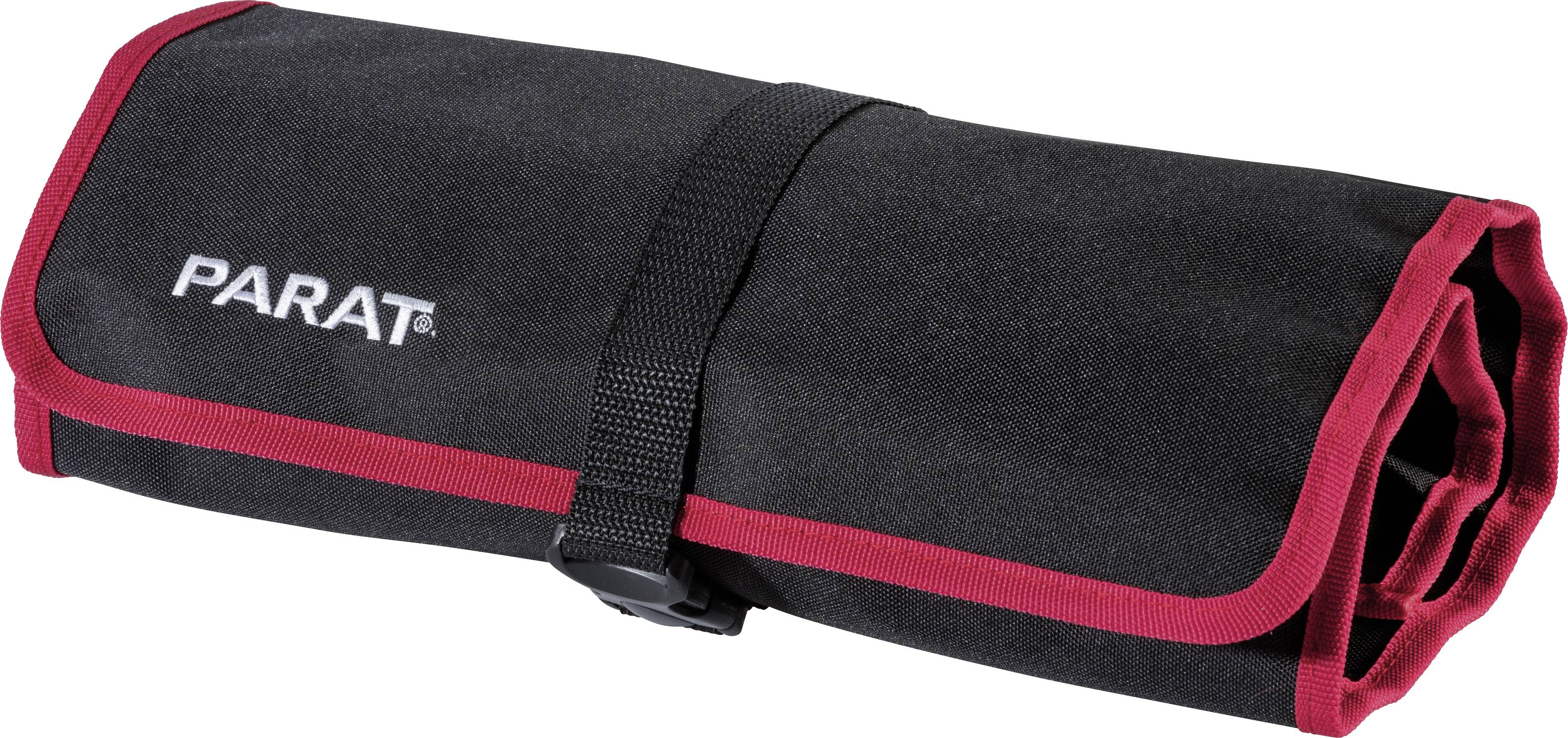 Schwarze Werkzeugtasche mit rotem Rand und Verschlussband. Aufschrift 'PARAT'. Ideal für die organisierte Aufbewahrung von Werkzeugen.