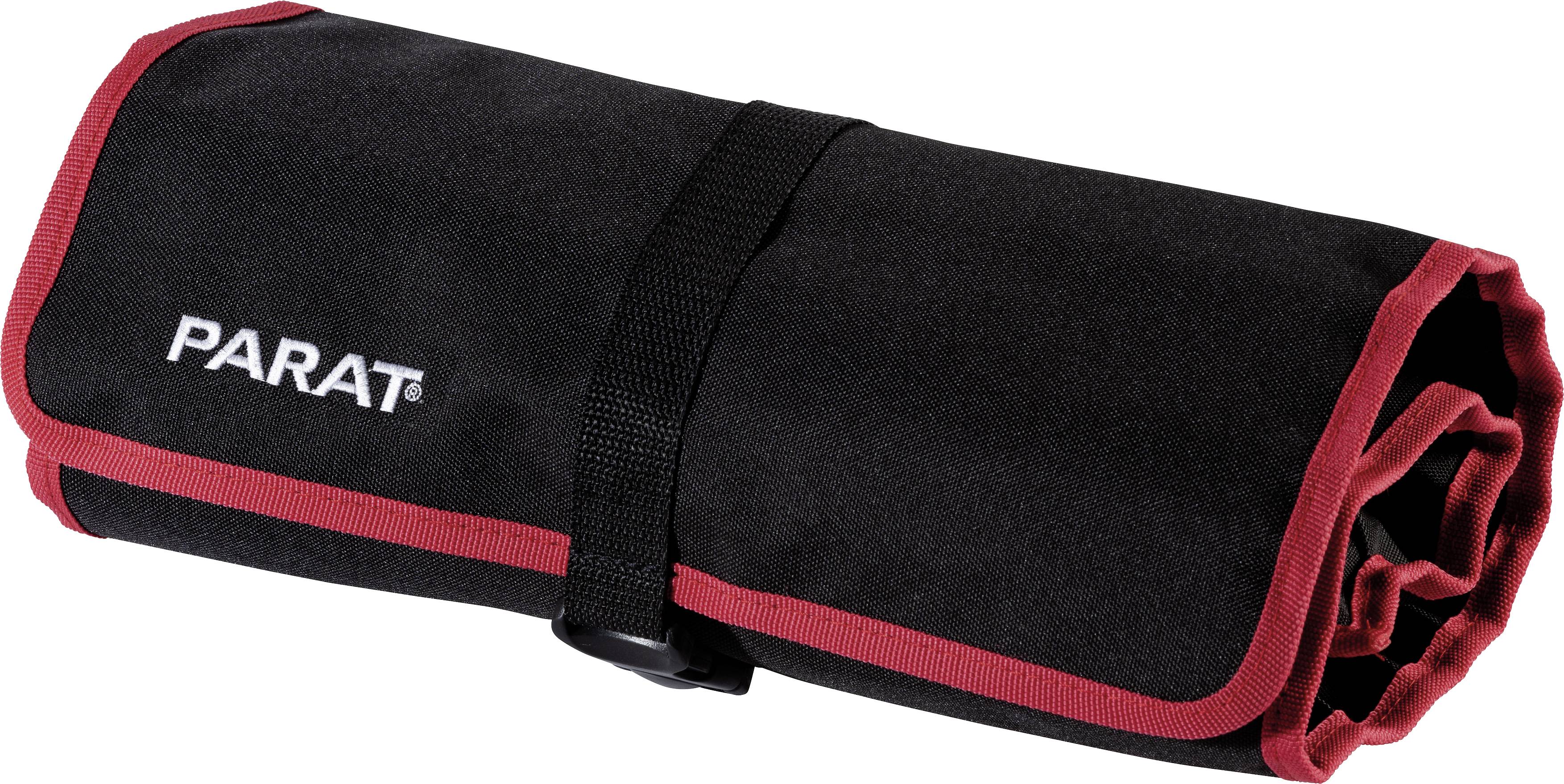 Schwarze Werkzeugtasche mit rotem Rand, markiert mit 'PARAT', zusammengerollt und mit einem Riemen gesichert.