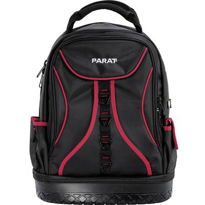 Ein schwarzer Rucksack mit roten Akzenten und dem Schriftzug 'PARAT' auf der Vorderseite. Der Rucksack hat mehrere Taschen.