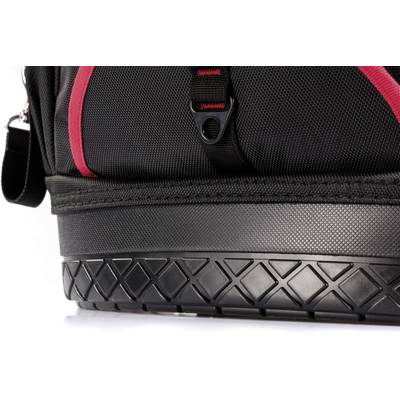 Nahaufnahme eines schwarzen Koffers mit rotem Detail, robustem Boden und Riemen. Ideal für Reisen oder Transport von Gegenständen.