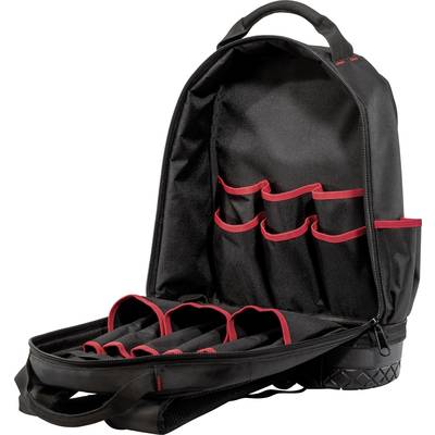 Ein geöffneter, schwarzer Werkzeugrucksack mit mehreren roten Taschen und Schlaufen zur Organisation von Werkzeugen.