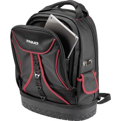 Schwarzer Rucksack mit rotem Akzent, geöffnetes Hauptfach mit einem Tablet. Markierung zeigt 'PARAT', robustes Design mit Tragegriff.