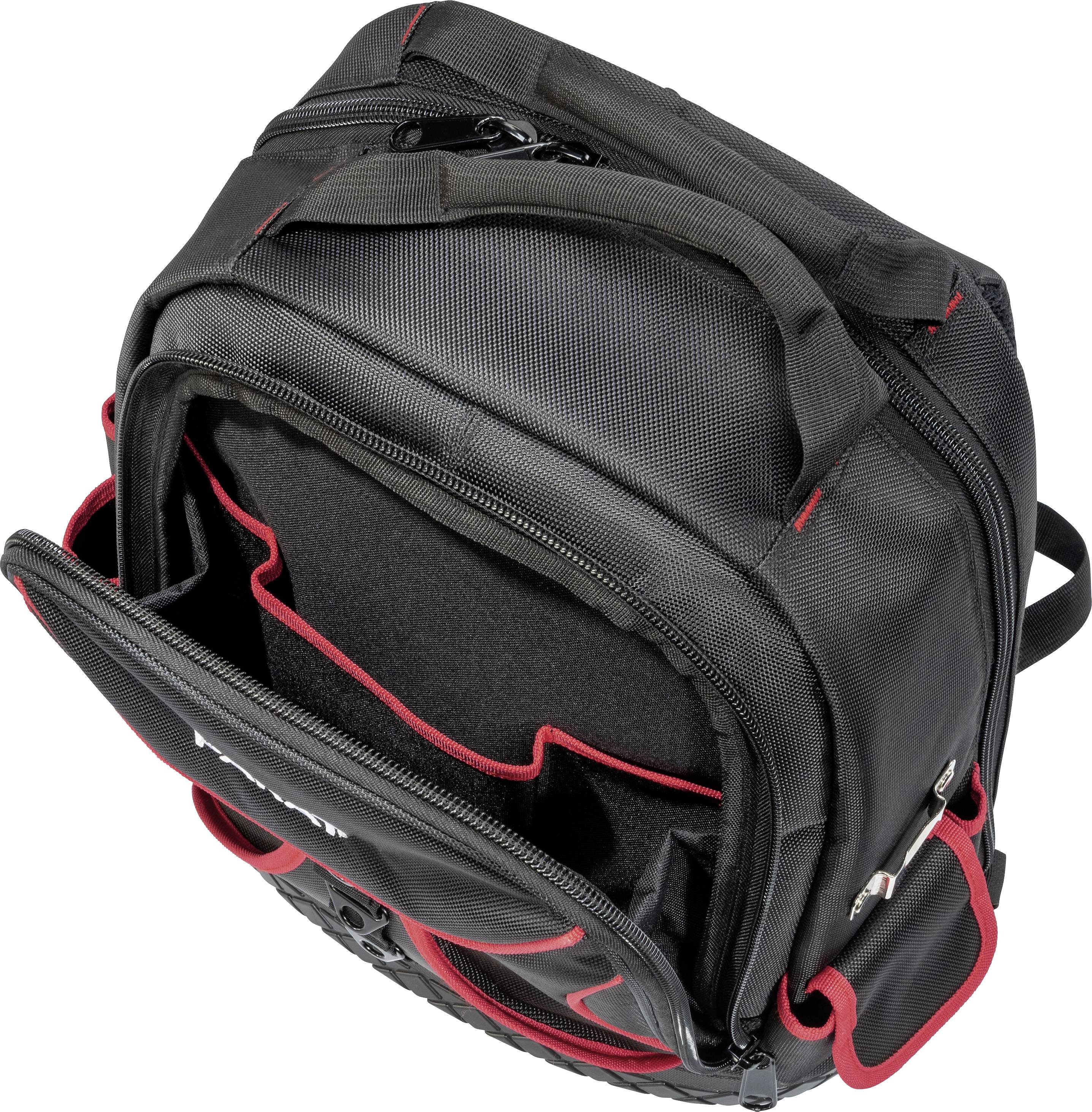 Eine schwarze Laptop-Tasche mit roten Akzenten, geöffnet, zeigt gepolsterte Innenfächer zur sicheren Aufbewahrung von Geräten.